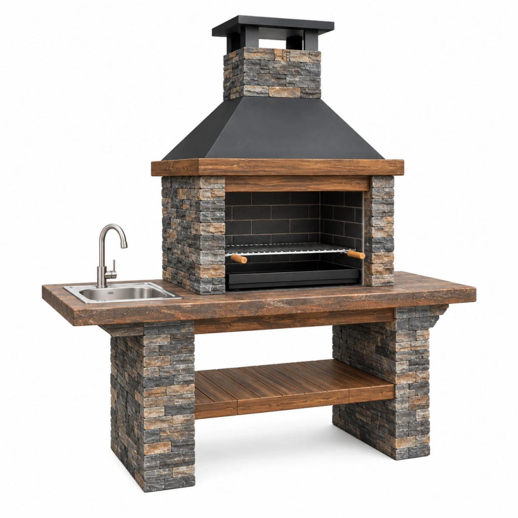 Outdoorküche 180 x 70 x 230 cm Stein Holz Schwarz mit Grill und Spüle rustikal