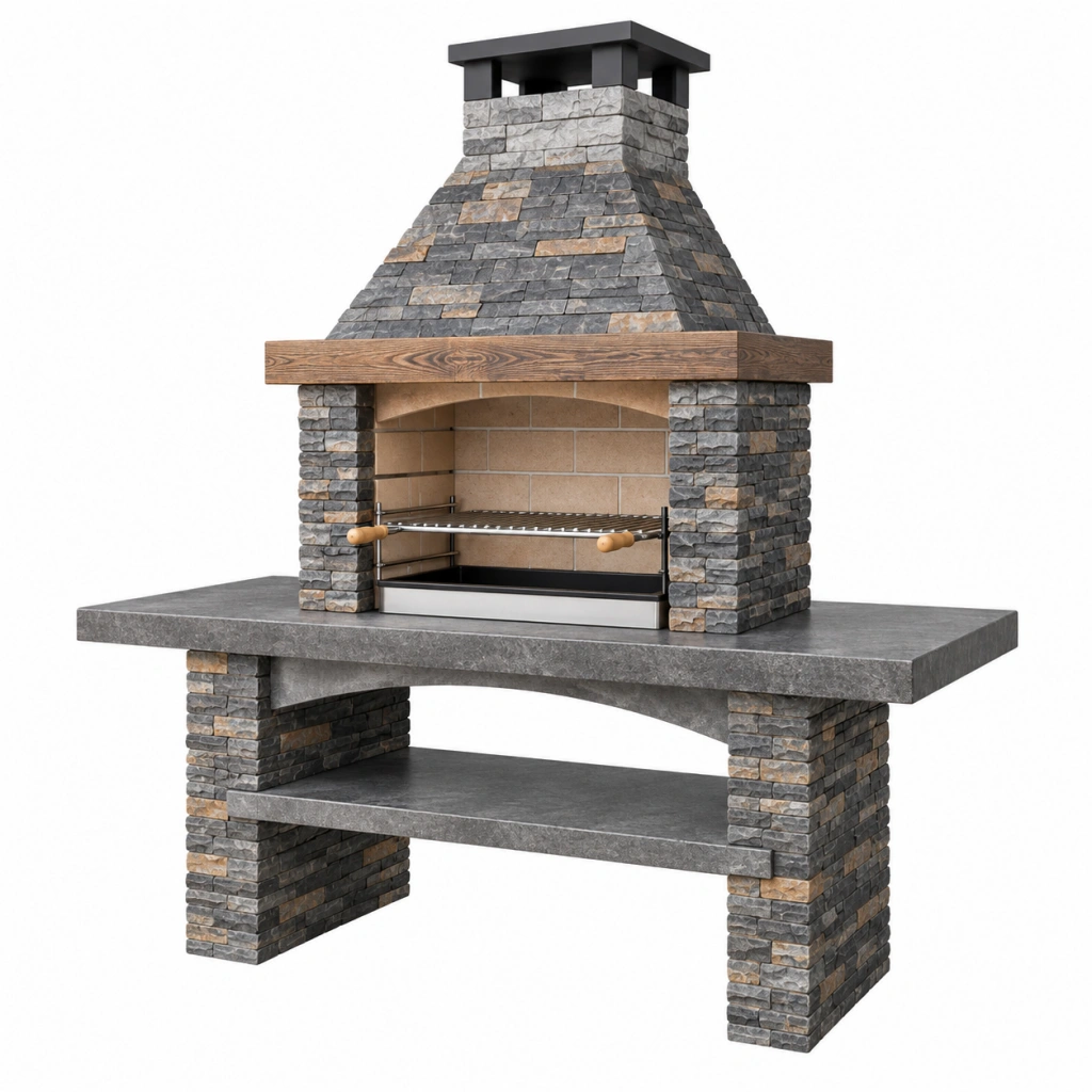 Grillkamin 160 x 70 x 230 cm Naturstein grau für den Außenbereich mit Grillrost