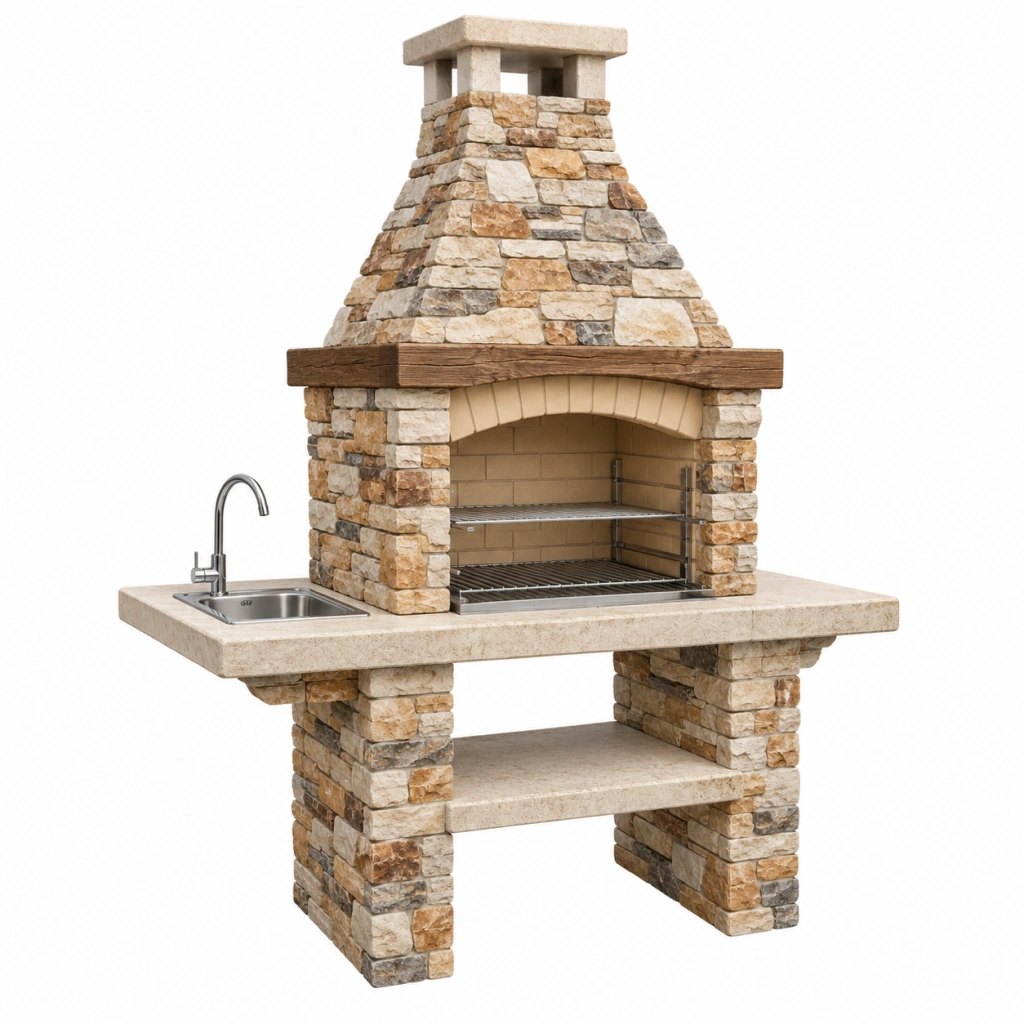 Grillkamin 180 x 75 x 240 cm Naturstein Beige Braun mit Spüle für Außenbereich
