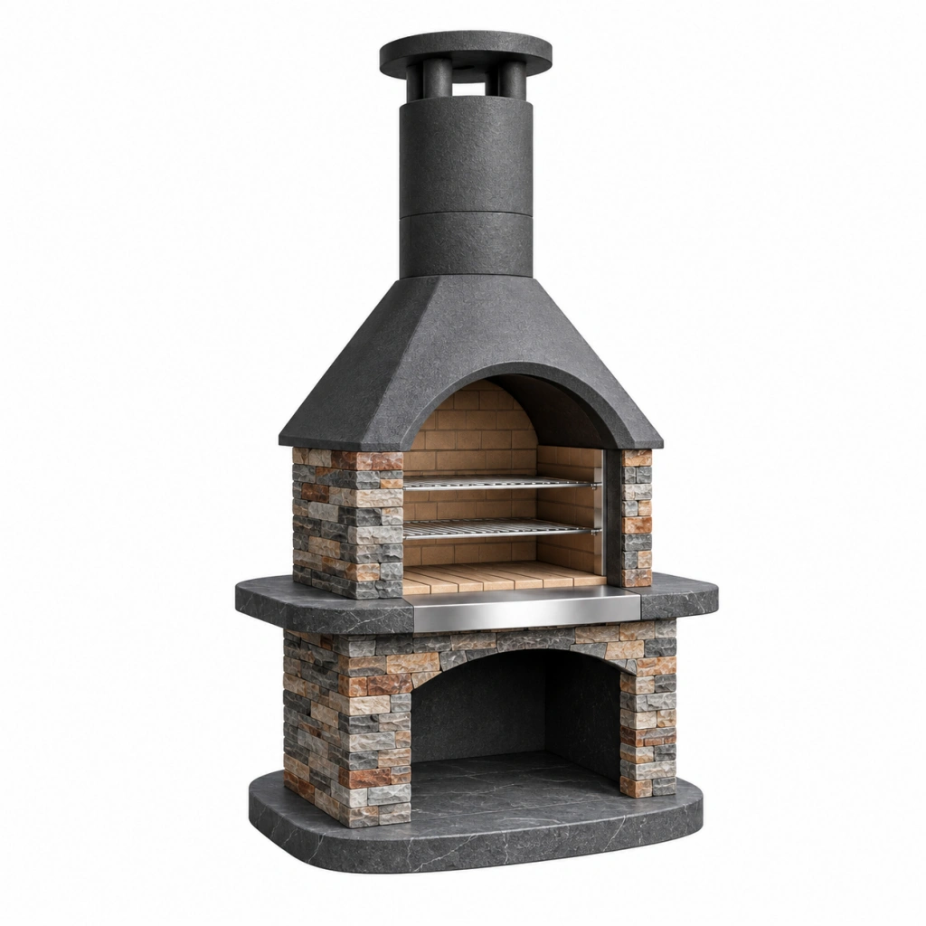 Grillkamin 120 x 80 x 220 cm aus Stein in Anthrazit mit Grillrost