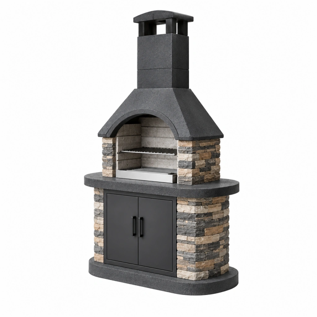 Gartenkamin 120 x 65 x 220 cm aus Stein und Stahl in Anthrazit mit Grillrost und Unterschrank