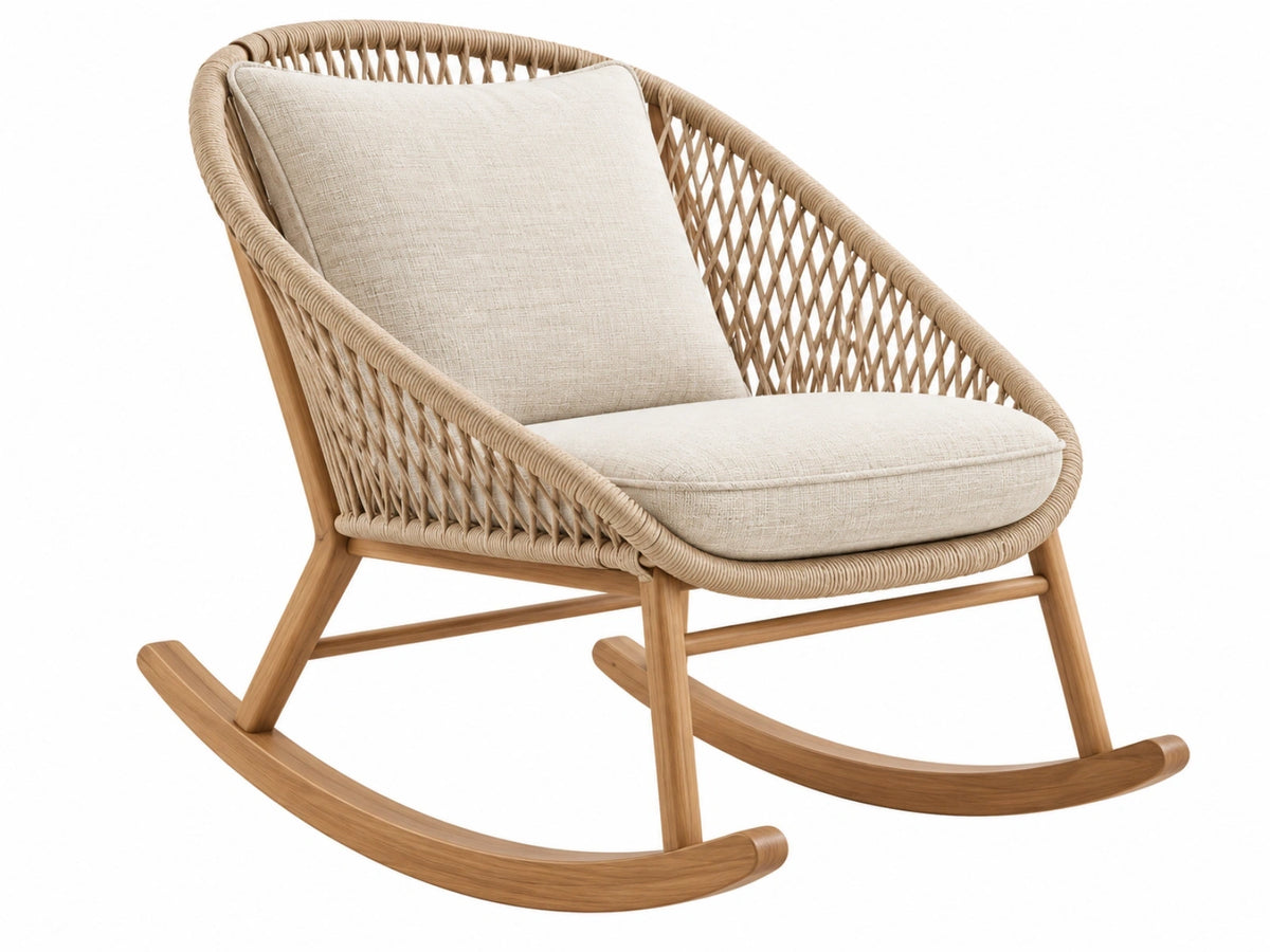 Schaukelstuhl 98 x 72 x 92 cm aus Holz und Flechtwerk in Natur Beige mit Polsterung im Boho Stil