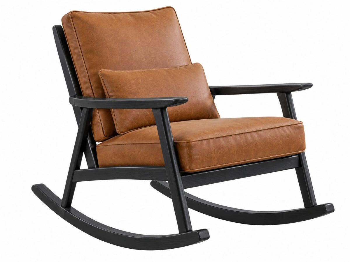 Schaukelstuhl 88 x 70 x 92 cm mit Kunstlederbezug Braun schwarzem Holzgestell und Armlehnen