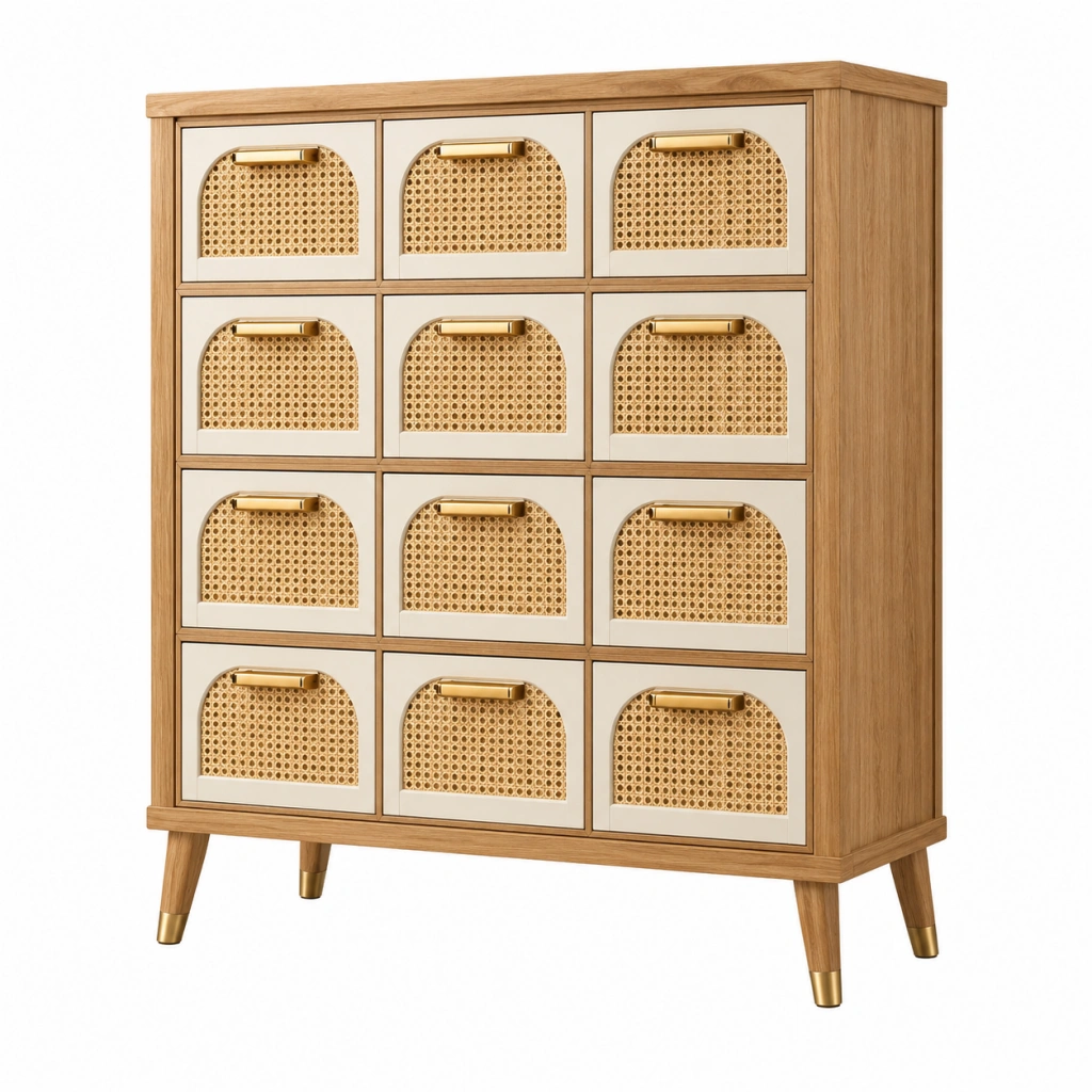 Schubladenschrank 100 x 40 x 125 cm aus Holzwerkstoff Natur Beige mit Rattangeflecht im Retro-Stil