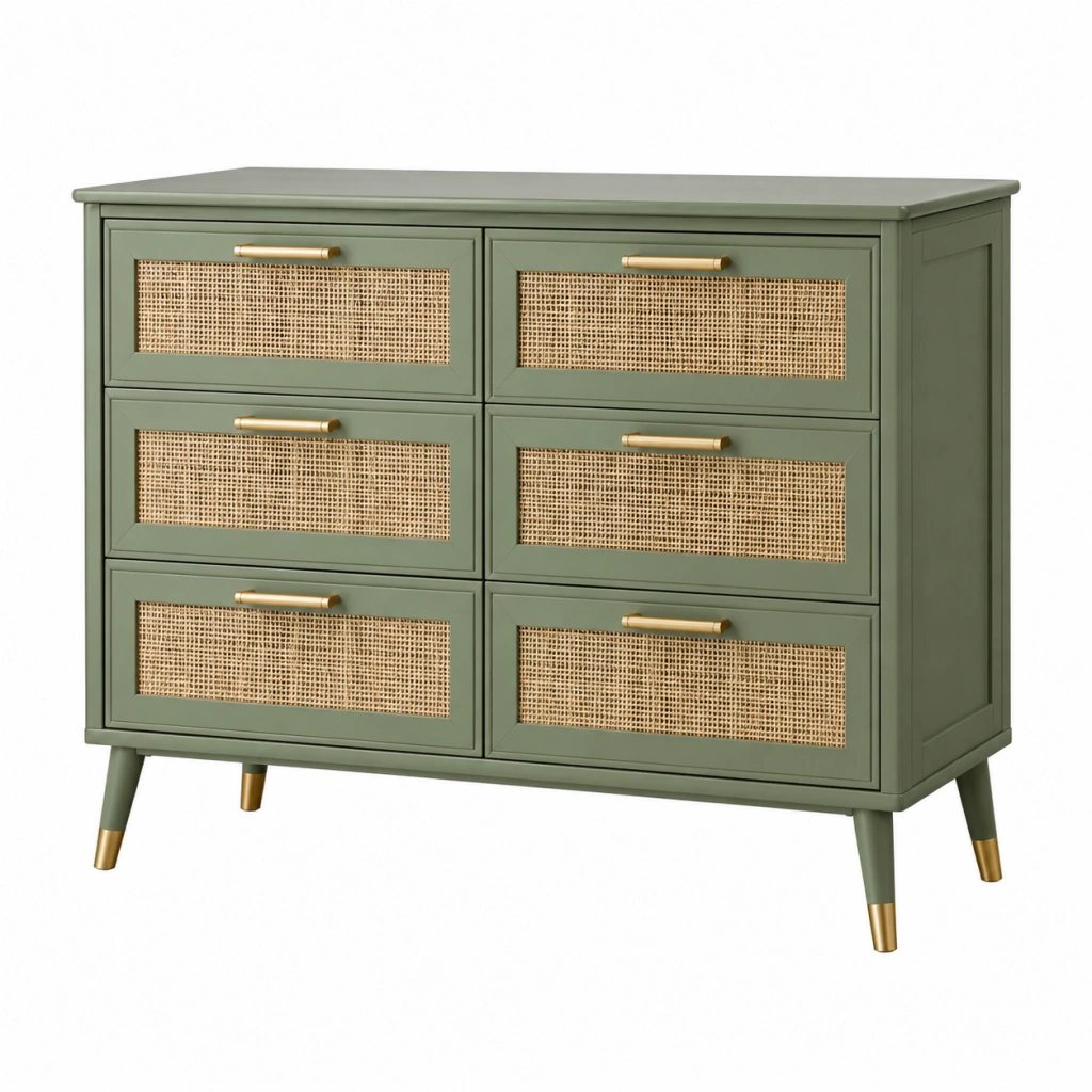 Kommode 120 x 40 x 85 cm aus Holz in Grün mit Rattanfronten und 6 Schubladen