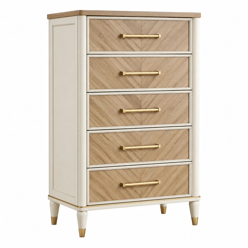 Kommode 90 x 45 x 120 cm aus Holzwerkstoff in Creme Naturholz und Gold - fünf Schubladen im modernen Stil