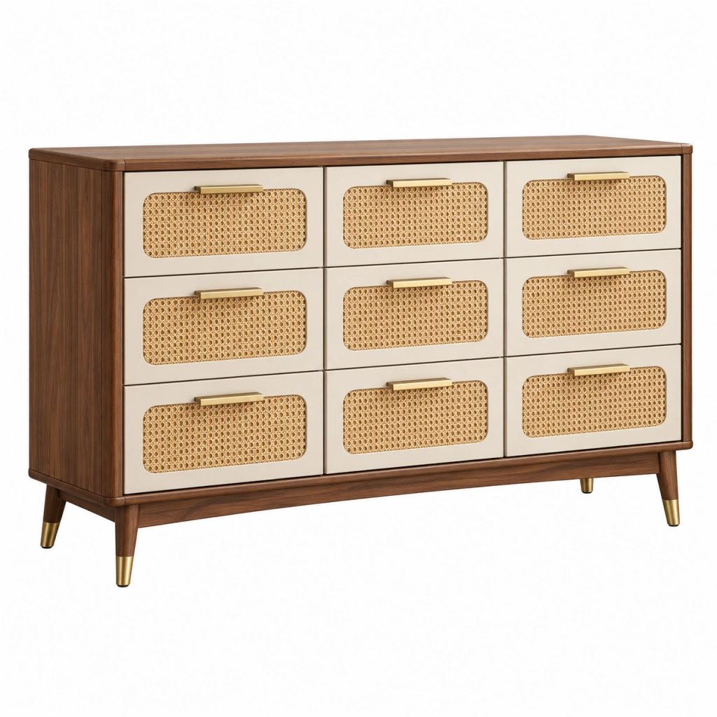 Kommode 150 x 45 x 90 cm aus Holzwerkstoff in Braun und Beige mit 9 Schubladen Rattanoptik