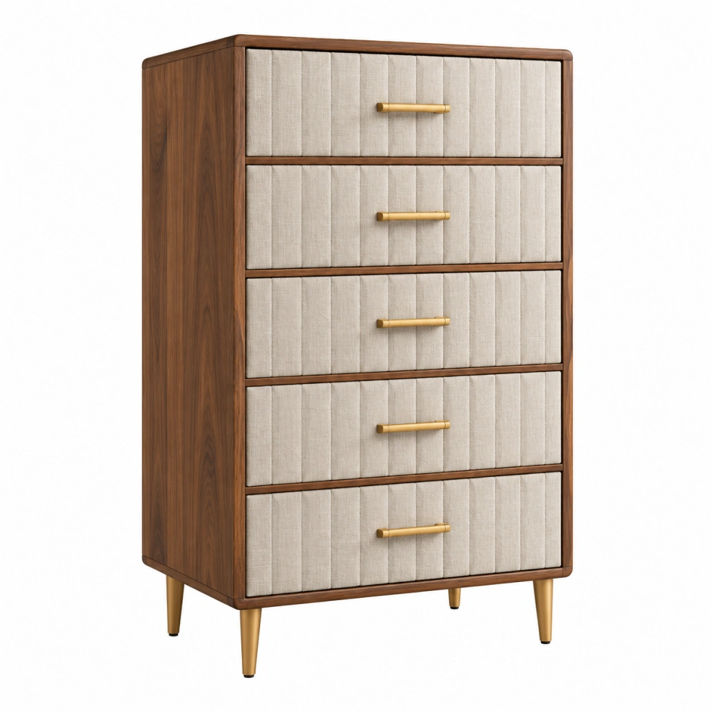 Kommode 80 x 45 x 140 cm Holz und Stoff Braun Beige mit 5 Schubladen im Mid-Century-Stil