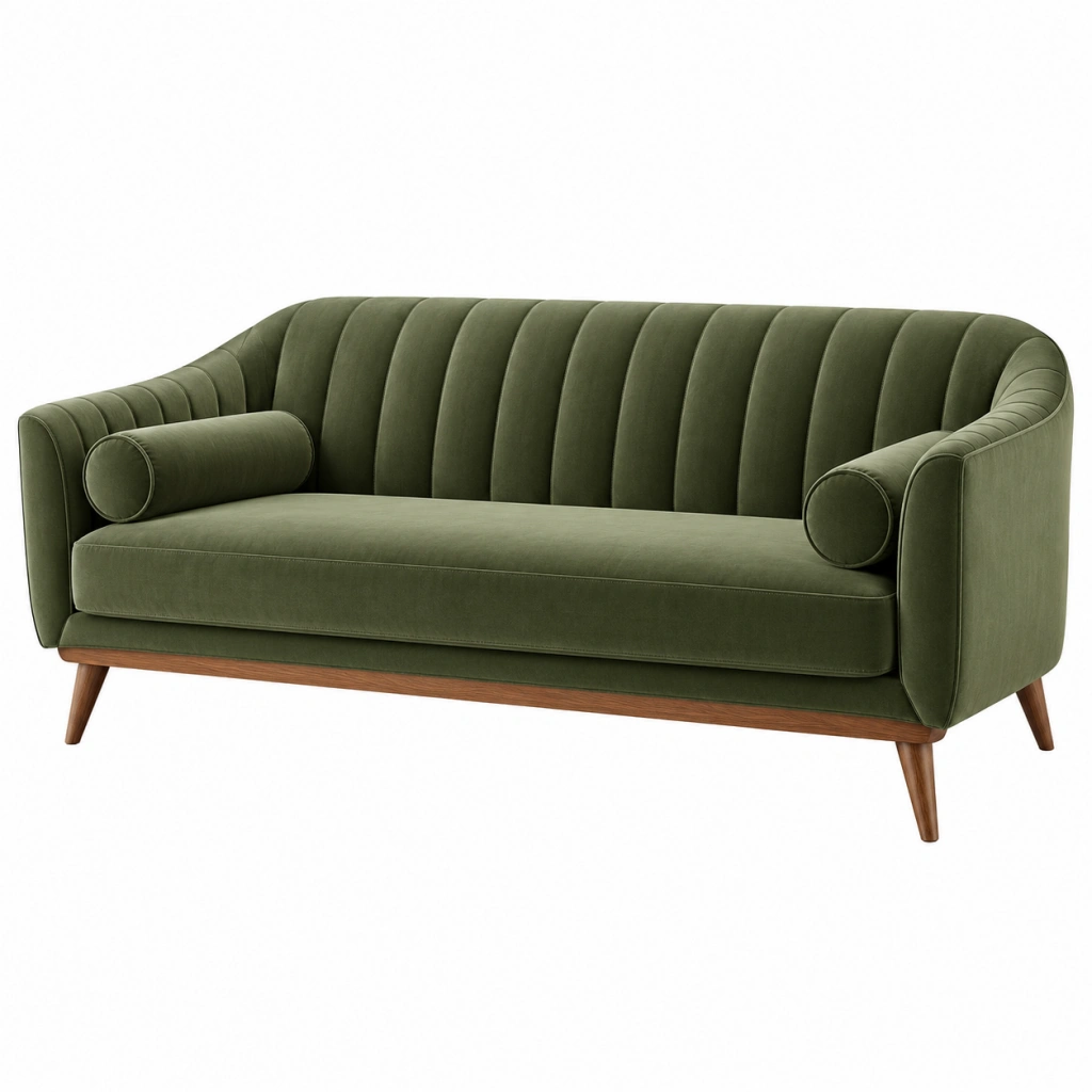 2-Sitzer Sofa 180 x 80 x 82 cm olivgrüner Textilbezug mit Holzfüßen im Retro-Stil