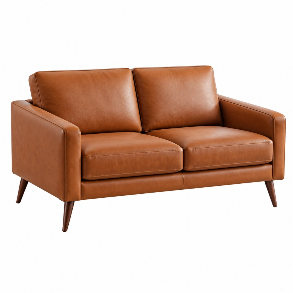 2-Sitzer Sofa 160 x 85 x 85 cm braunes Kunstleder mit Holzfüßen im Mid-Century-Stil