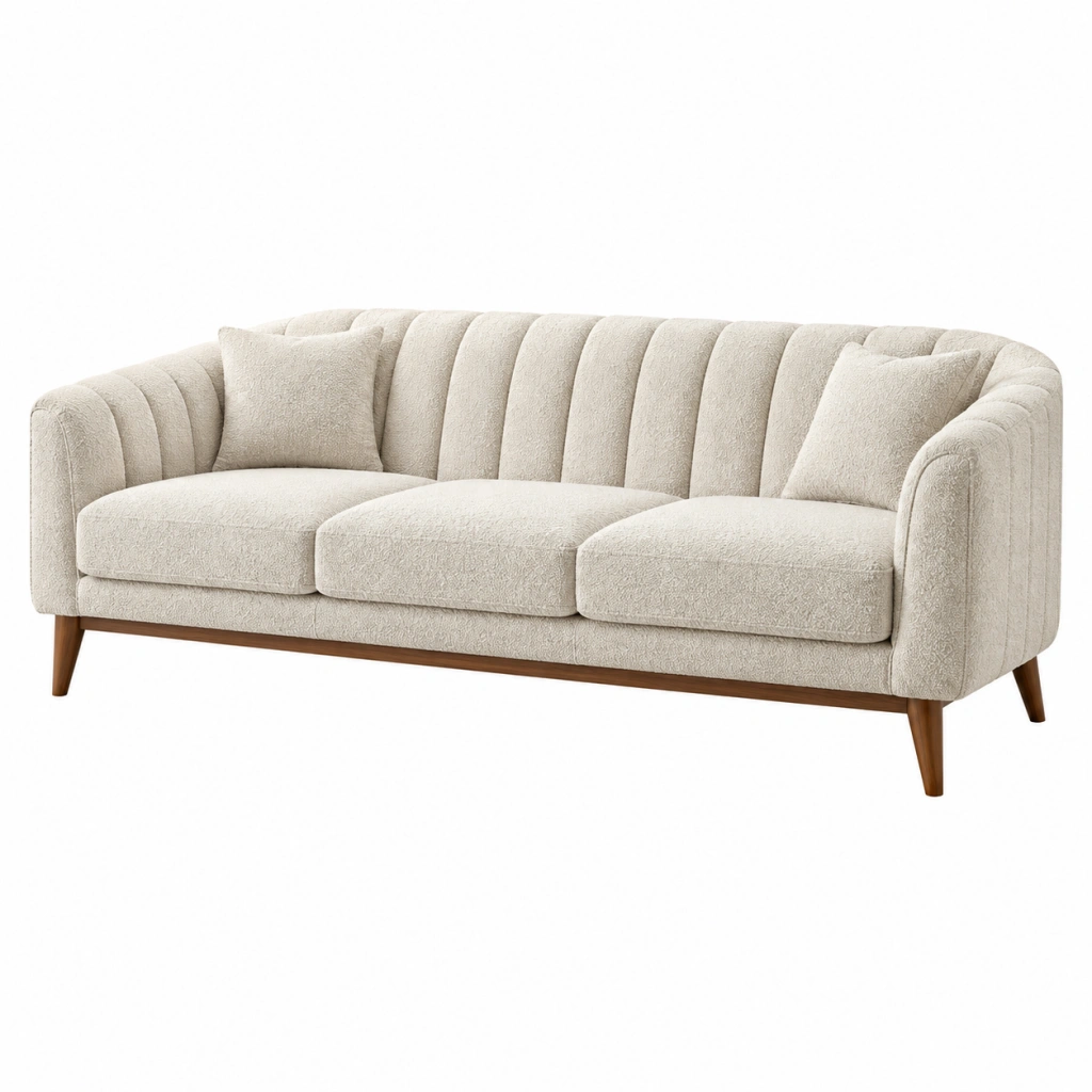 3-Sitzer-Sofa 220 x 90 x 82 cm aus Bouclé Creme mit Holzfüßen und gerippter Rückenlehne