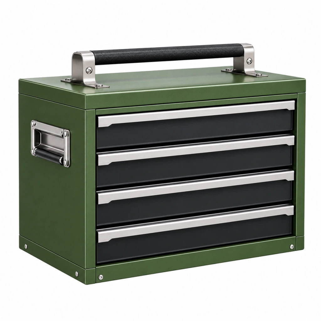 Werkzeugkasten 52 x 26 x 38 cm aus Metall Grün mit 4 Schubladen und Tragegriff