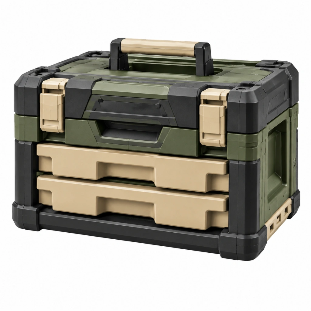 Faltbare Aufbewahrungsbox 50 x 30 x 30 cm aus Kunststoff Grün Schwarz Beige mit Tragegriff und Schubladen